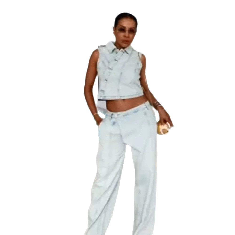 Damen Gekürztes ärmelloses Denim-Set mit taillierter Weste & weiter High-Waist-Hose Drune