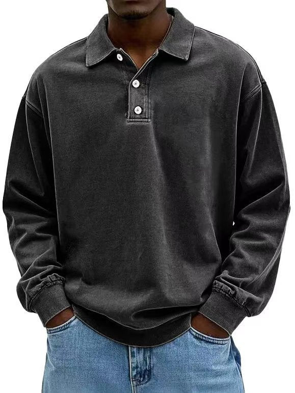 Herren nan lässiges Poloshirt-Sweatshirt mit Kragen, Vintage-Waschung und dreiteiliger Knopfleiste Drune