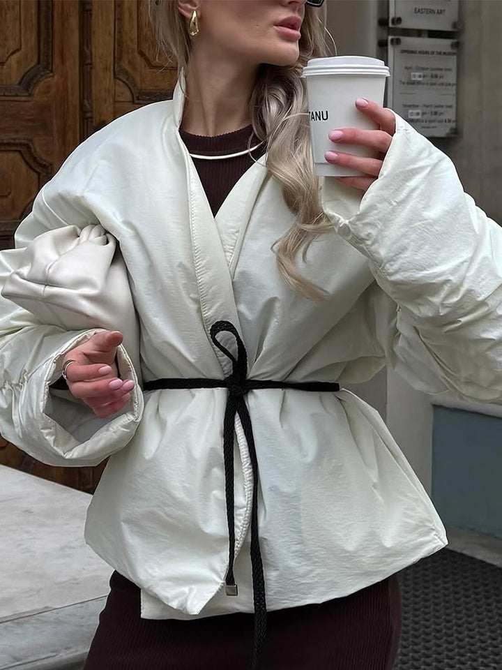 Damen lässige kurz geschnittene Jacke mit Taillengürtel und voluminösen Ärmeln Drune