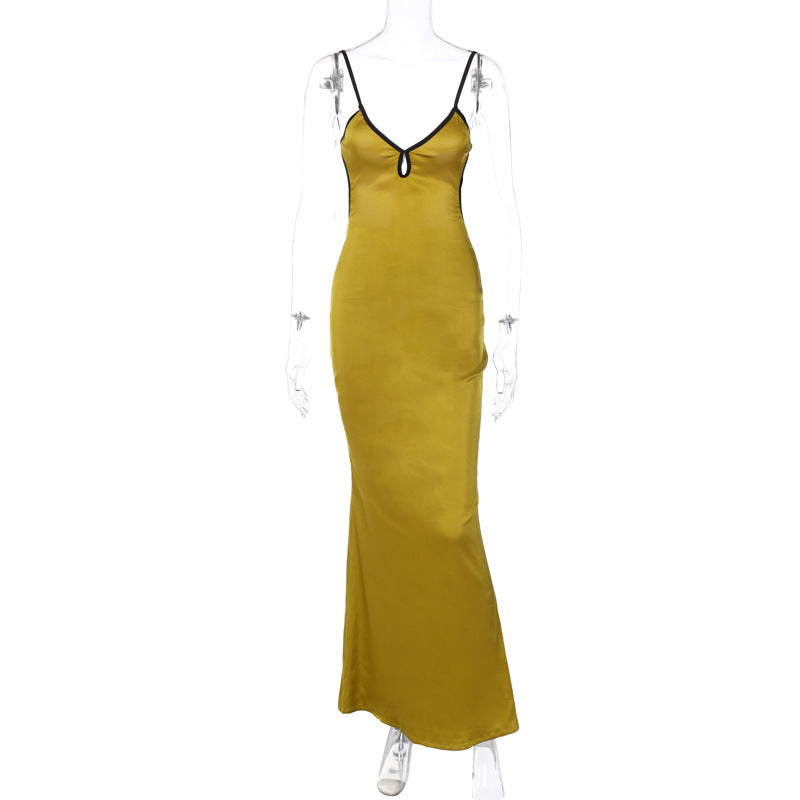 Damen Elegantes Satin-Maxikleid mit verstellbaren Spaghettiträgern und tiefem V-Ausschnitt Drune