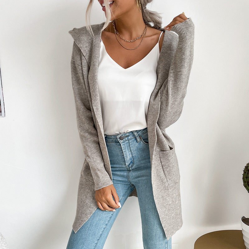 Damen Langärmlige Strickjacke mit Kapuze und seitlichen Taschen Drune