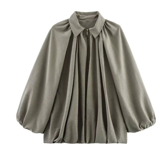 Damen 100+ weite geraffte Blusenjacke mit Hemdkragen und Frontreißverschluss Drune