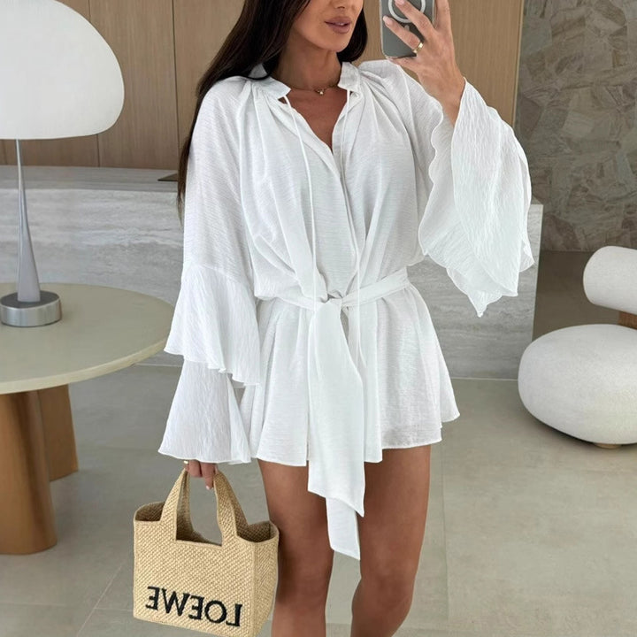 Damen Luftiges Kaftan-Oberteil mit weiten Ärmeln und Taillengürtel Drune