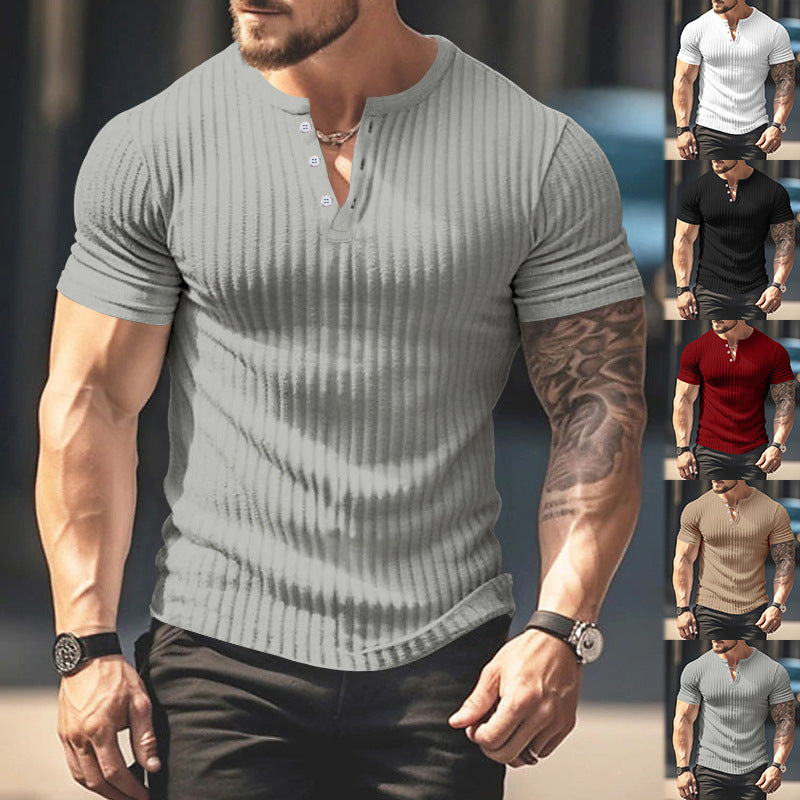 Herren kurzärmeliges Henley-T-Shirt mit strukturiertem Rippdesign und praktischem Knopfverschluss Drune
