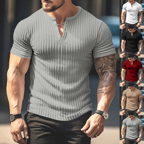 Herren kurzärmeliges Henley-T-Shirt mit strukturiertem Rippdesign und praktischem Knopfverschluss Drune