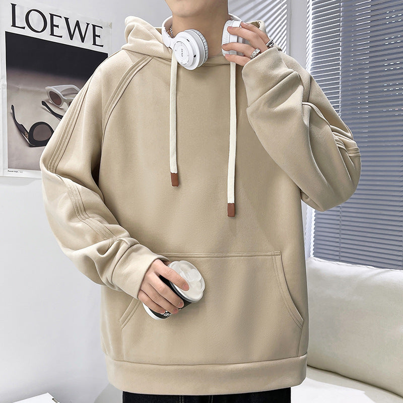 Herren Oversize Kapuzenpullover mit Kängurutasche Raglanärmeln und extra langen Kordeln Drune