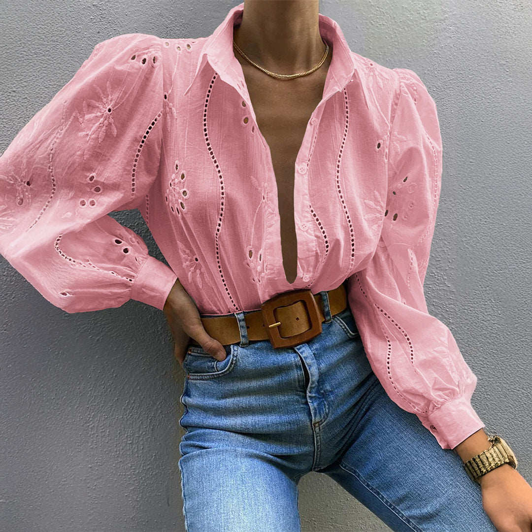 Damen Transparente Bluse mit Stickereien und Rüschendetails Drune
