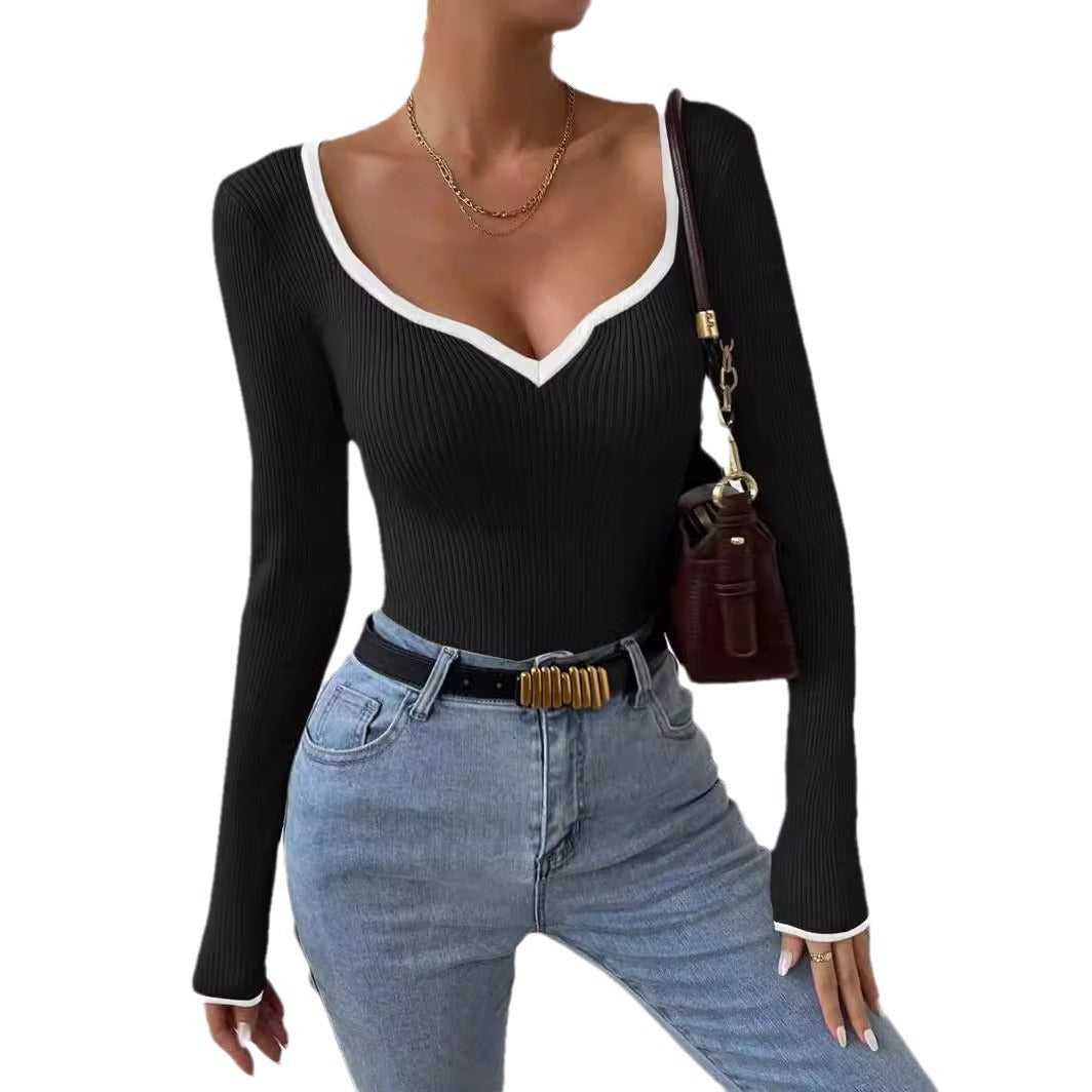 Damen Langarm-Shirt im Rippdesign mit V-Ausschnitt Drune
