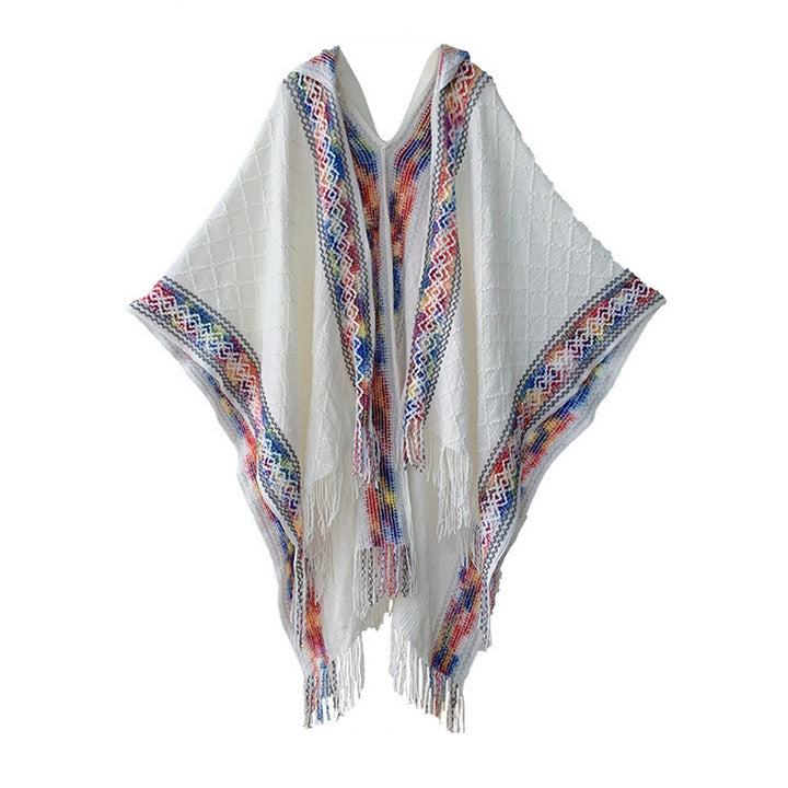 Damen Kapuzenponcho mit Fransen und gewebten Bordüren-Details Drune