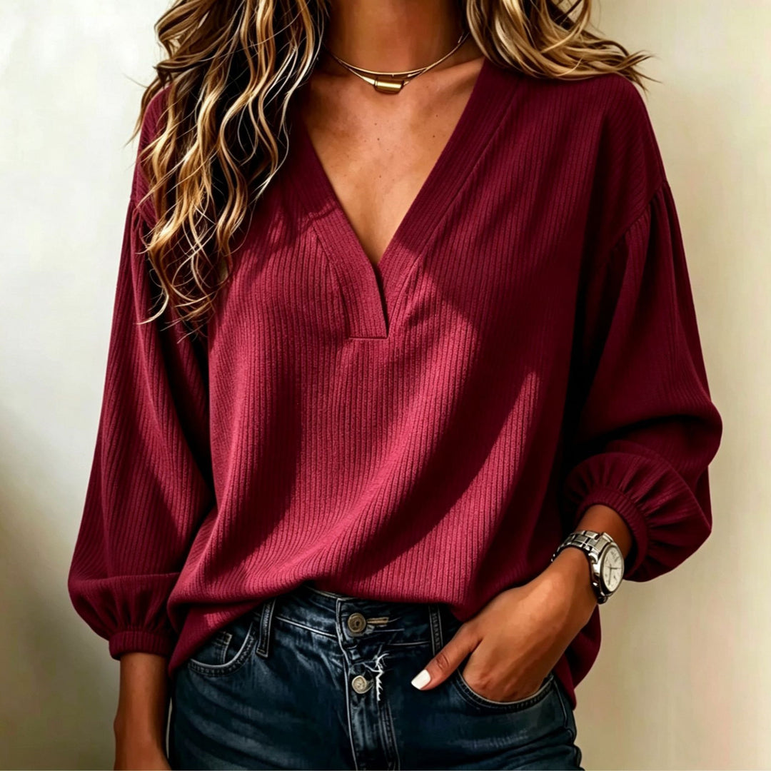 Damen Gerippter V-Ausschnitt Pullover mit Ballonärmeln Drune