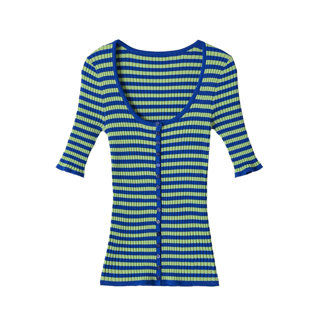 Damen Gerippte Kurzarm-Buttoncardigan mit tiefem Rundhals und figurbetonter Passform Drune