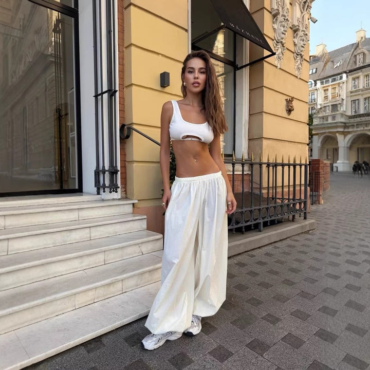 Damen weit geschnittene High-Waist Palazzo-Hose mit elastischem Bund und fließender Sommerqualität Drune