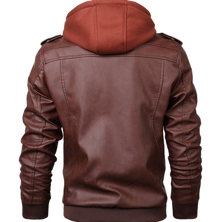 Herren Modische Lederjacke mit abnehmbarer Kapuze Drune