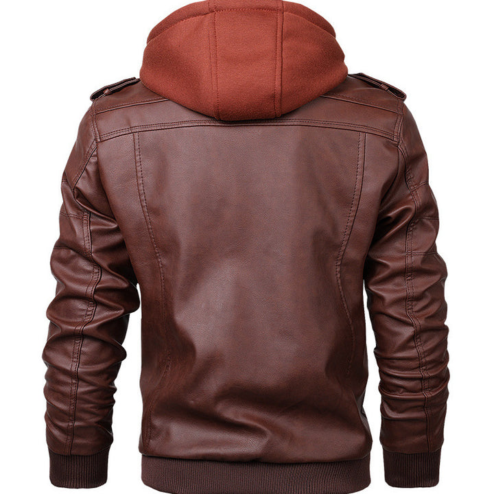 Herren Modische Lederjacke mit abnehmbarer Kapuze Drune