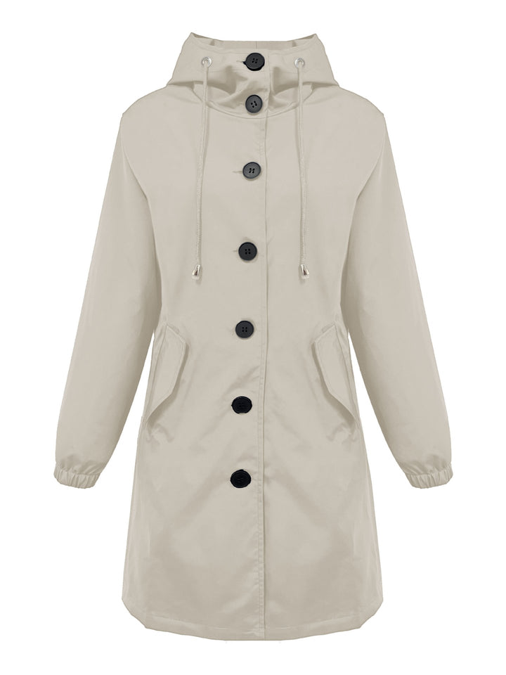 Damen nan leichter Regenparka mit Kapuze, überlanger Knopfleiste, Tunnelzug und aufgesetzten Taschen Drune