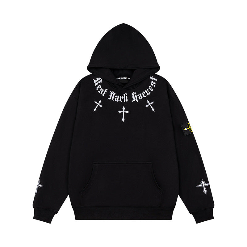 Unisex Oversize Kapuzenpullover mit Gothic-Kreuz-Print, Kängurutasche und Rippbündchen Drune