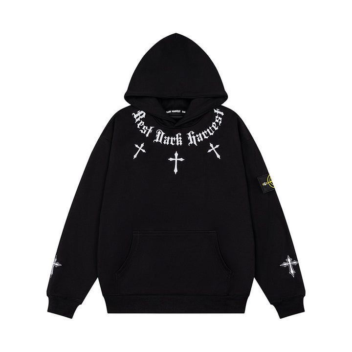 Unisex Oversize Kapuzenpullover mit Gothic-Kreuz-Print, Kängurutasche und Rippbündchen Drune