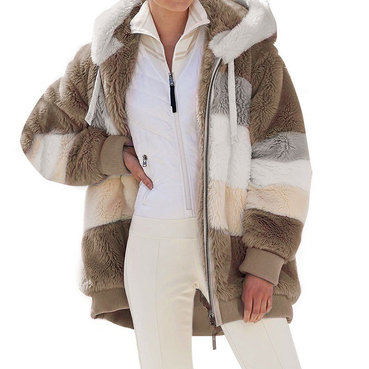 Damen nan kuschelige Oversize Kunstpelzjacke mit Kapuze, Blockstreifen und Rippbündchen Drune
