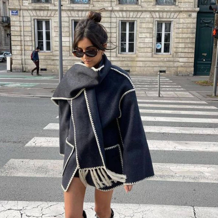 Damen elegante Wolljacke mit dekorativem Fransen-Schal Drune