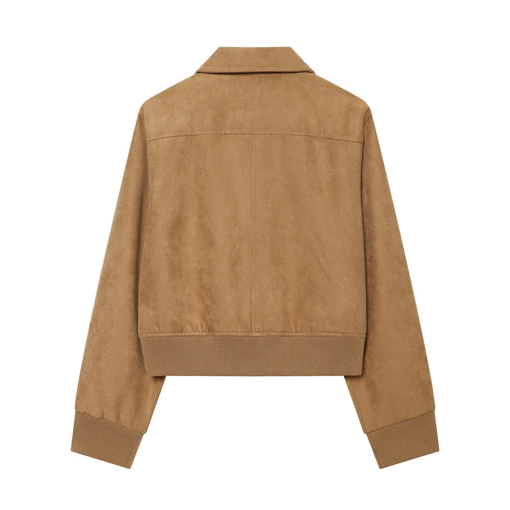 Damen Kurzer Veloursleder‑Bomber mit Reißverschluss, Pattentaschen und Rippsaum Drune