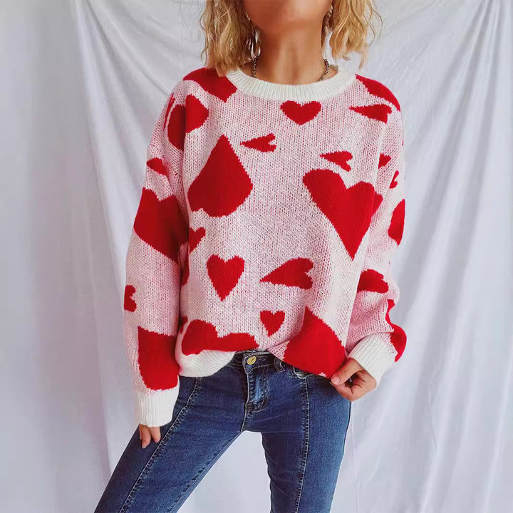 Damen lockerer Pullover mit Herzmuster und weitem Schnitt Drune