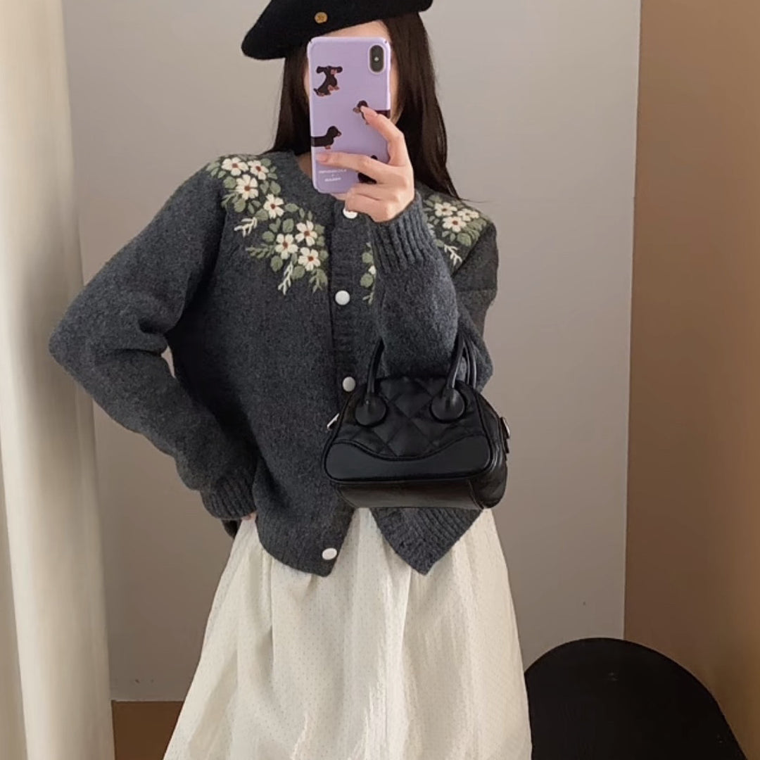 Damen Eleganter Strickpullover mit Blumenmuster Drune