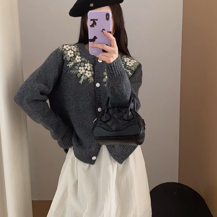 Damen Eleganter Strickpullover mit Blumenmuster Drune