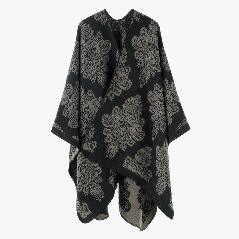Damen Wollmix-Capeponcho mit beidseitigem Jacquard‑Paisley und kontrastierter Rollkante Drune