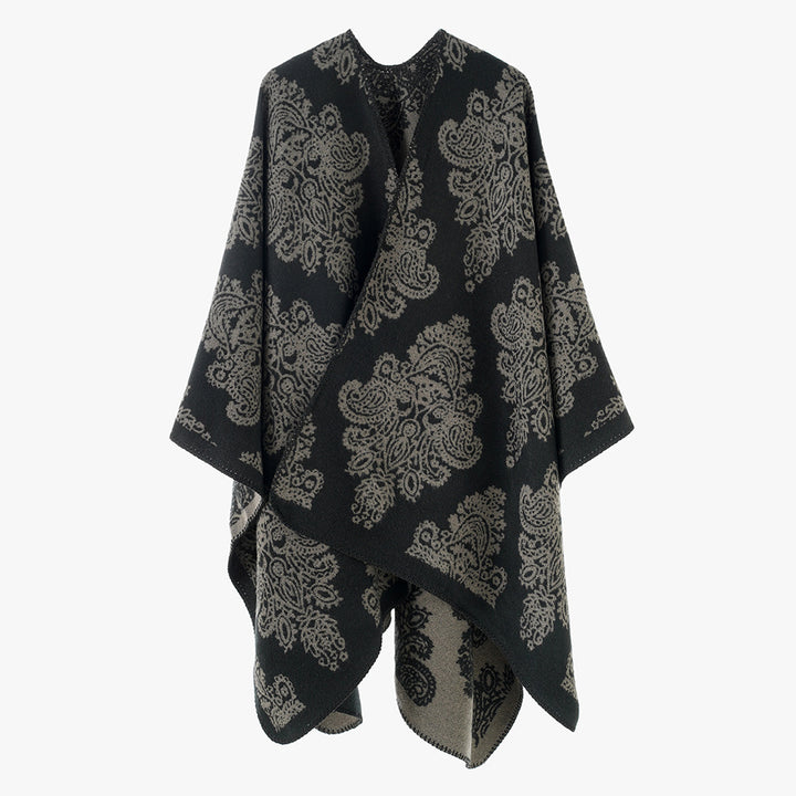 Damen Wollmix-Capeponcho mit beidseitigem Jacquard‑Paisley und kontrastierter Rollkante Drune
