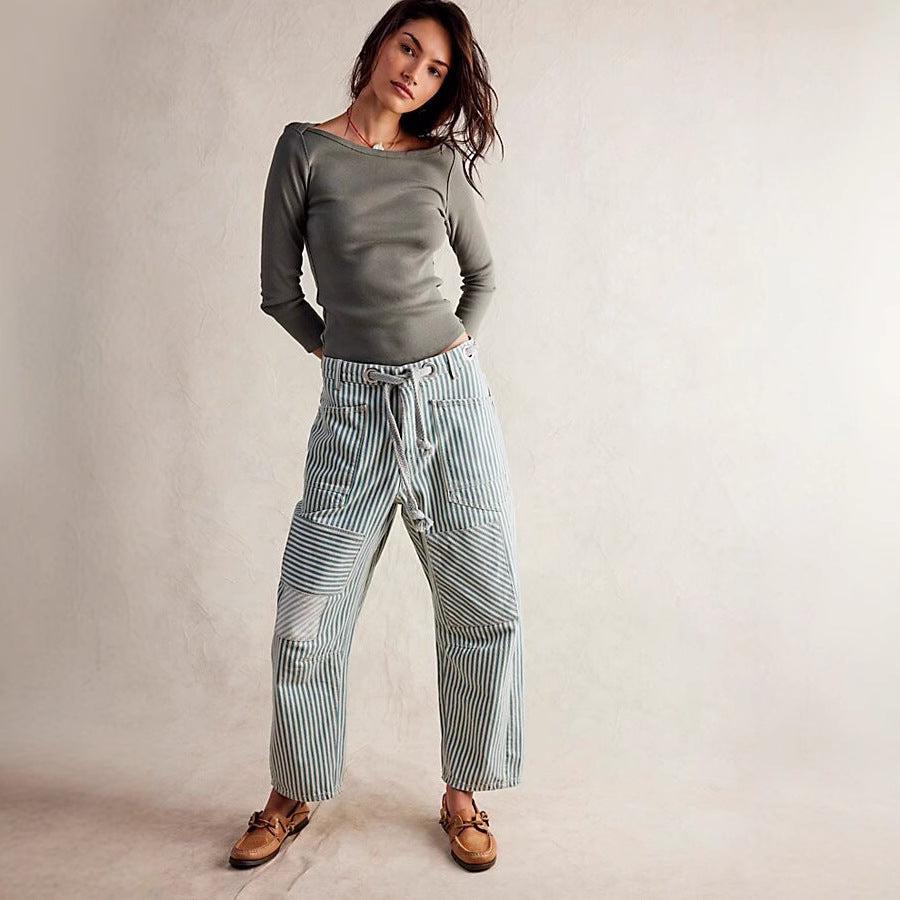 Damen nan lässige gestreifte Leinenhose mit Kordelzug und aufgesetzten Taschen Drune