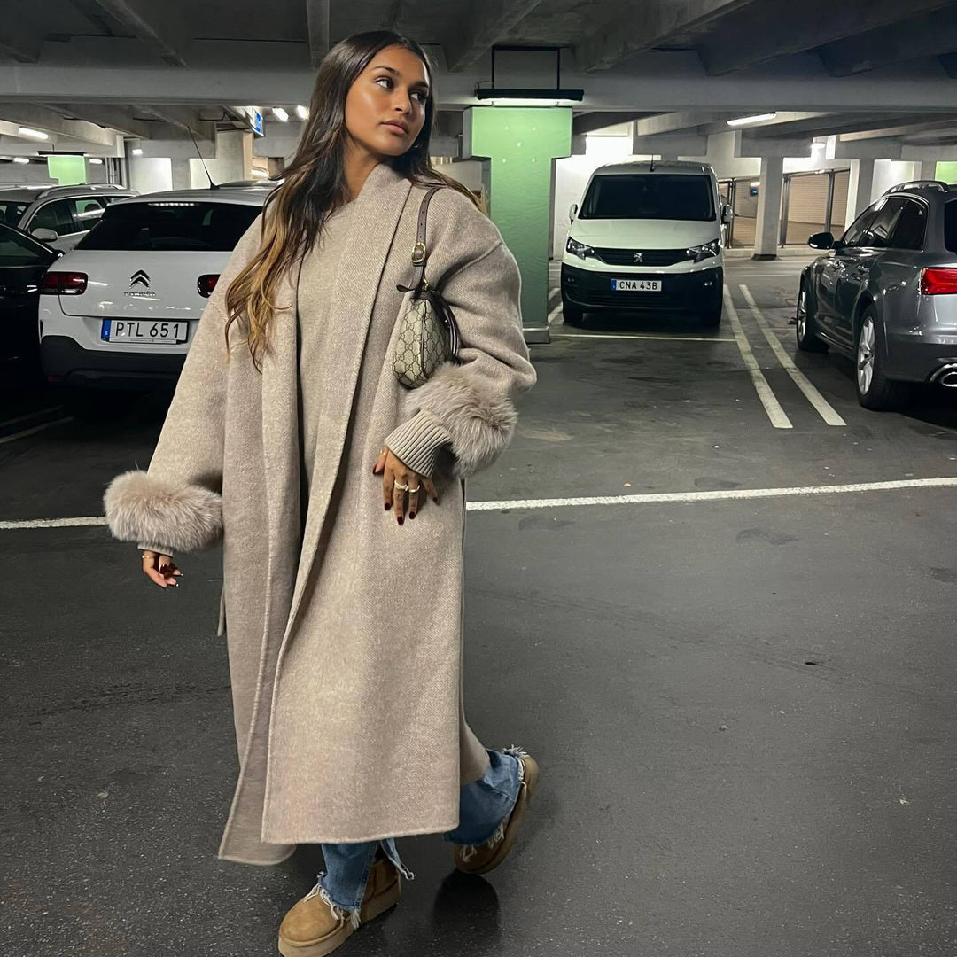 Damen Elegante Langjacke mit abnehmbaren Fuchsärmeln Drune