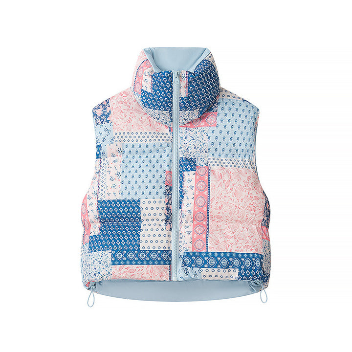 Damen nan gesteppte Weste mit floralem Allover-Print, hohem Stehkragen und verstellbarem Saum Drune
