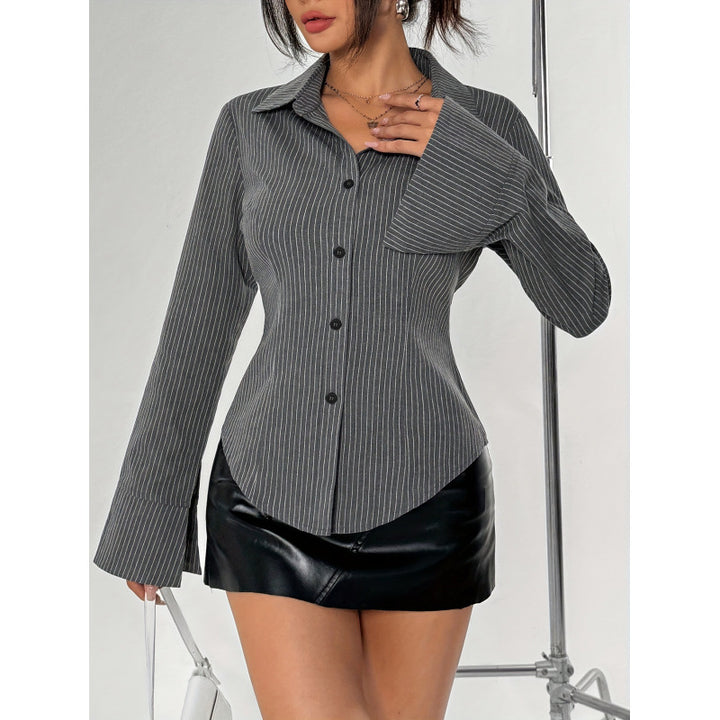 Damen Elegante Hemdbluse mit gestreiftem Design und weit ausgestellten Ärmeln Drune