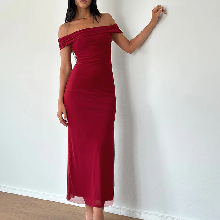 Damen elegantes schulterfreies Maxikleid mit fließendem Stoff und raffinierter Drapierung Drune