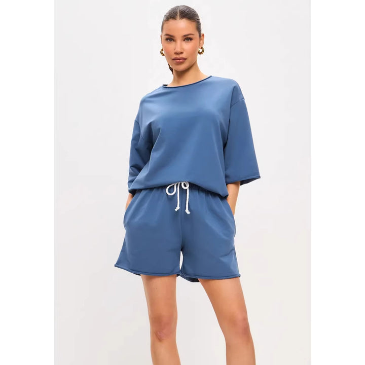 Damen lässiges Freizeitanzug-Set aus weichem Baumwollmix mit oversized T-Shirt und Shorts