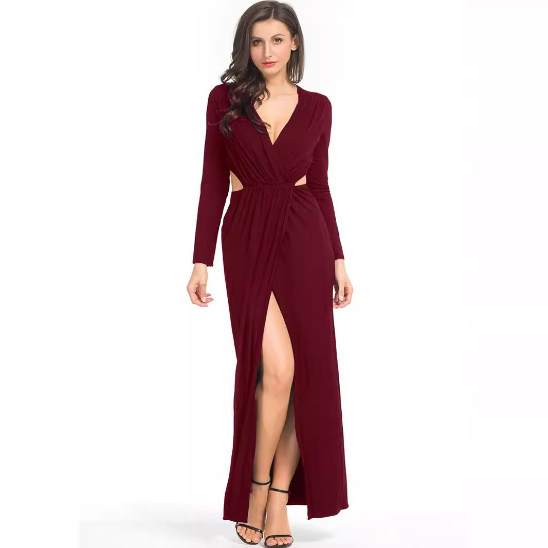 Damen Elegantes Jersey-Maxikleid im Wickelstil mit tiefem V‑Ausschnitt und tailliertem Gummibund Drune