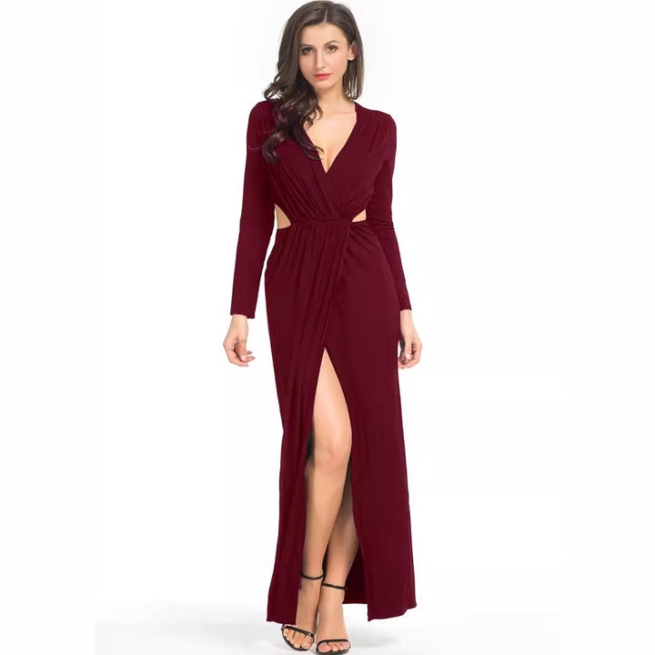 Damen Elegantes Jersey-Maxikleid im Wickelstil mit tiefem V‑Ausschnitt und tailliertem Gummibund Drune