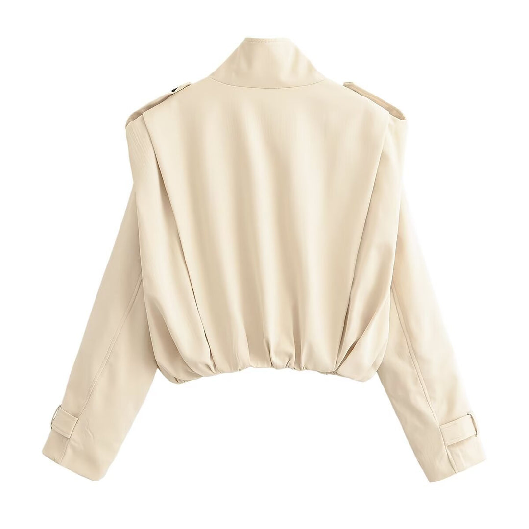 Damen Cropped Doppelreihige Trenchjacke mit Stehkragen, Schulterriegeln und elastischem Saum Drune