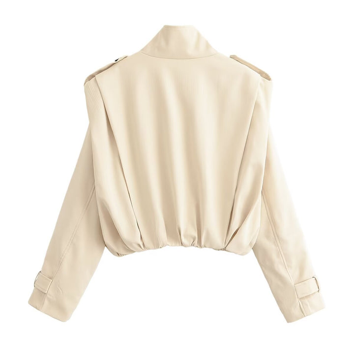 Damen Cropped Doppelreihige Trenchjacke mit Stehkragen, Schulterriegeln und elastischem Saum Drune
