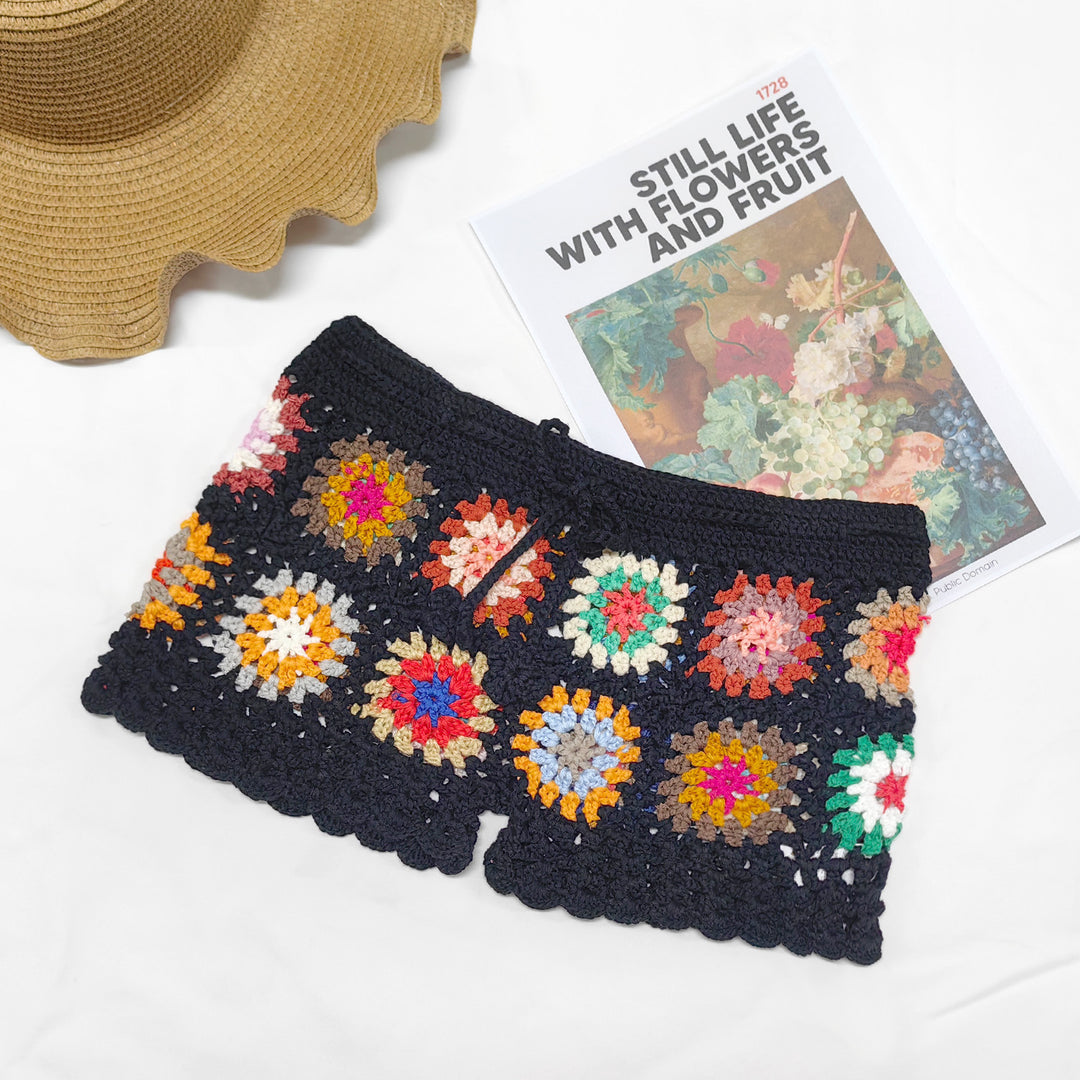 Damen Häkelshorts mit buntem Granny-Quadrat-Muster Drune