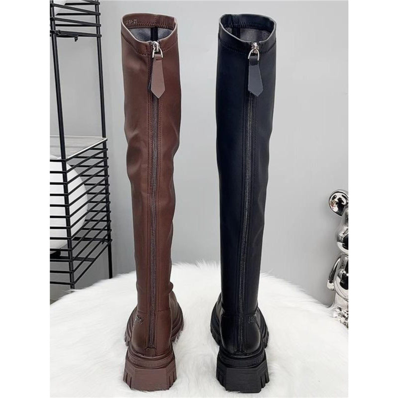 Damen Oberschenkelhohe Stretch-Stiefel mit schlankem Schaft und geformter Plateau-Sohle Drune