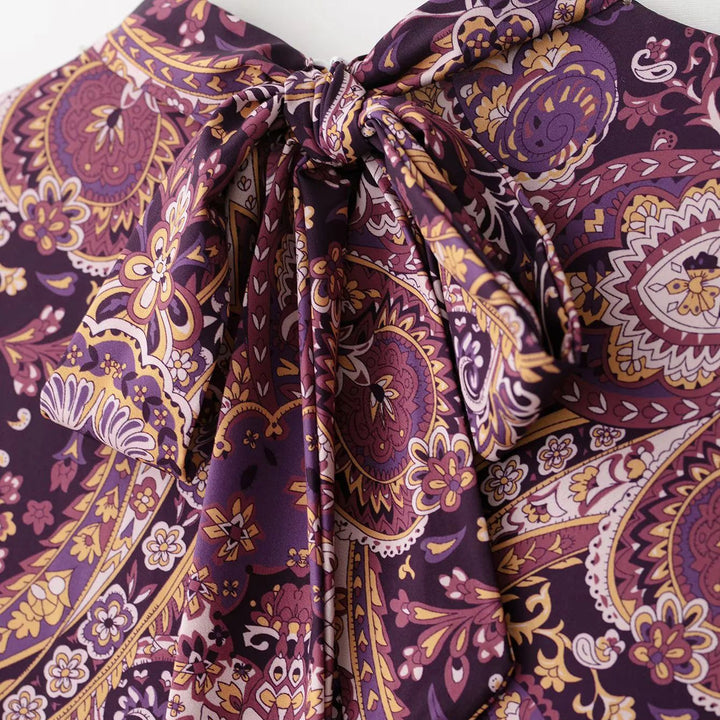Damen nan gestuftes Maxikleid mit Paisley‑Patchwork, Schleifenkragen und langen Manschettenärmeln Drune