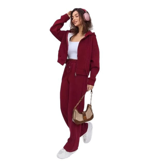 Damen nan zweiteiliges Cozy-Loungewear-Set mit Reißverschlusskapuze, taillenhoher Weitbein-Jogger und verdeckten Eingrifftaschen Drune