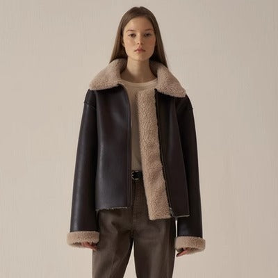 Damen elegante Lederjacke mit Teddyfutter Drune