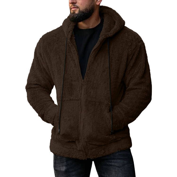 Herren nan Teddyplüsch Zip-Hoodie mit übergroßer Kapuze, verdecktem Reißverschluss und Eingrifftaschen Drune
