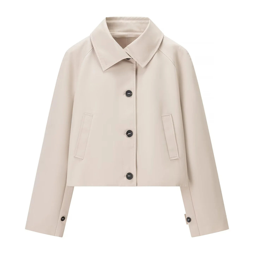 Damen nan kurz geschnittene wasserabweisende Cropped-Trenchjacke mit Hemdkragen und verdeckter Knopfleiste Drune