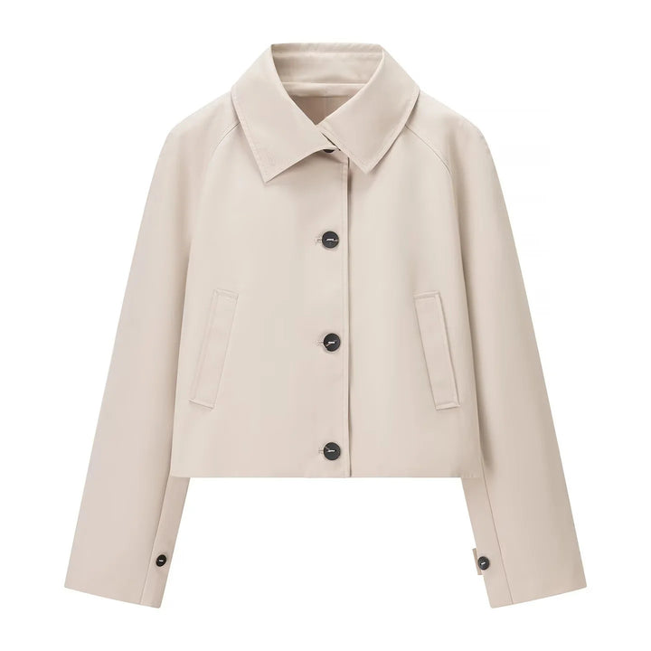 Damen nan kurz geschnittene wasserabweisende Cropped-Trenchjacke mit Hemdkragen und verdeckter Knopfleiste Drune