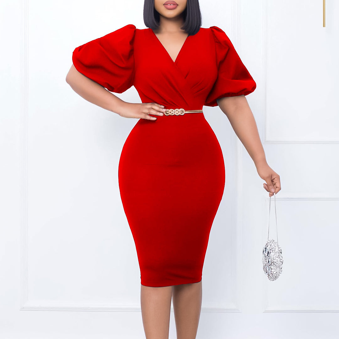 Damen Etui-Kleid mit eleganten Puffärmeln und modischem Taillengürtel Drune
