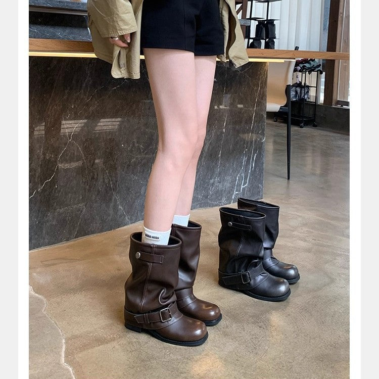 Damen Mid-Calf Bikerstiefel aus Glattleder mit verstellbarem Schnallenriemen Drune