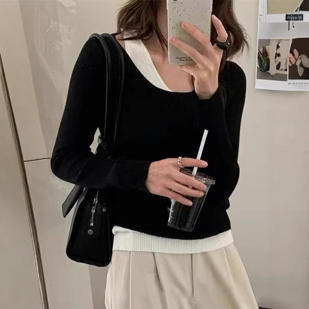 Damen lässiger V-Ausschnitt Strickpullover mit kontrastrierendem Saum Drune